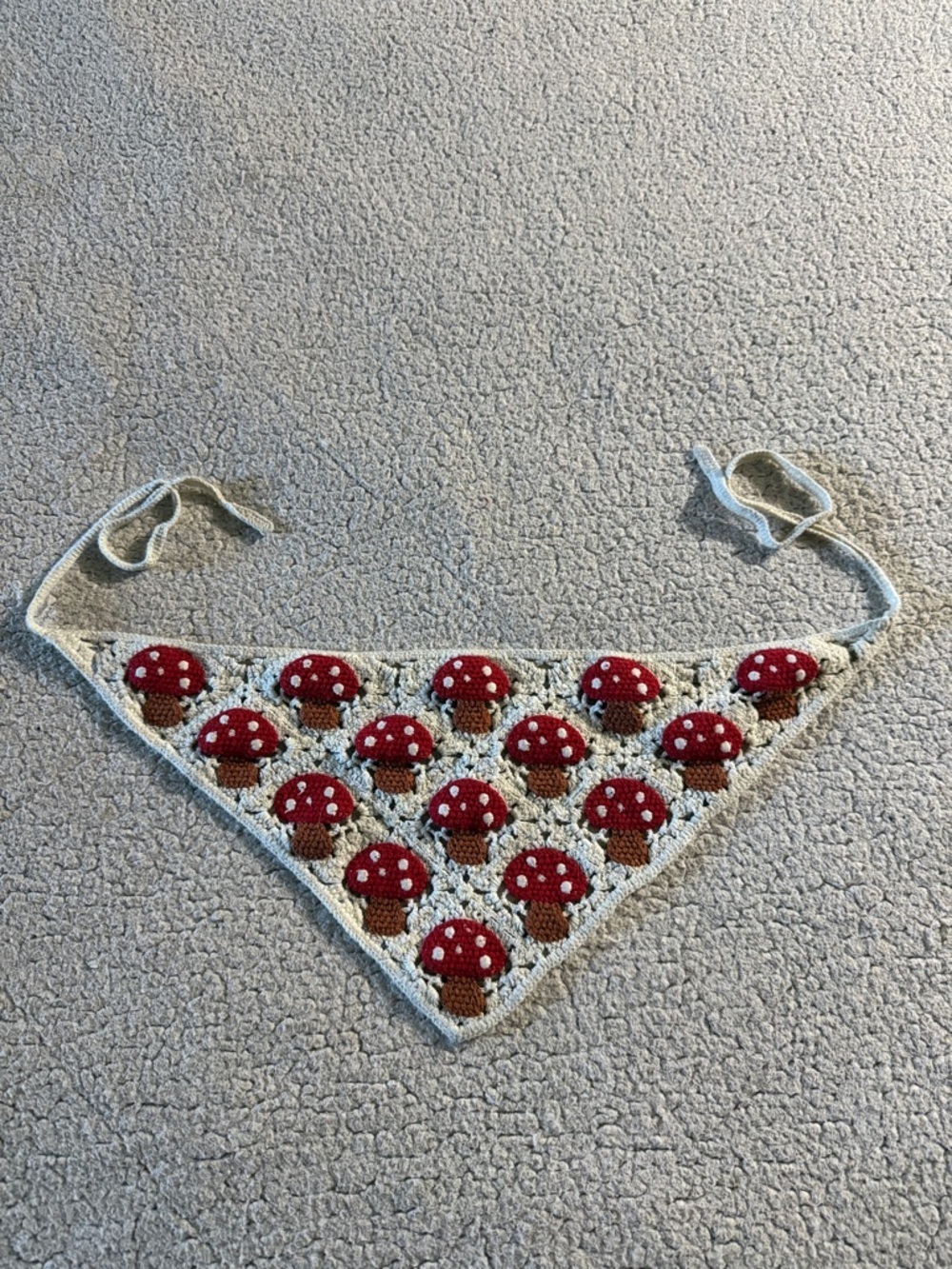 Crochet Triangle Scarf Wrap with Red Mushroom Motifs